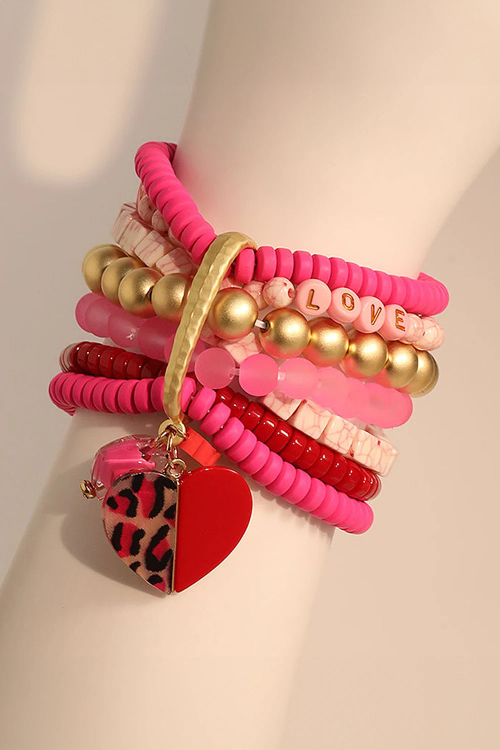 Rose Red Multi Beaded Stack Bracelet with Leopard Heart Charm