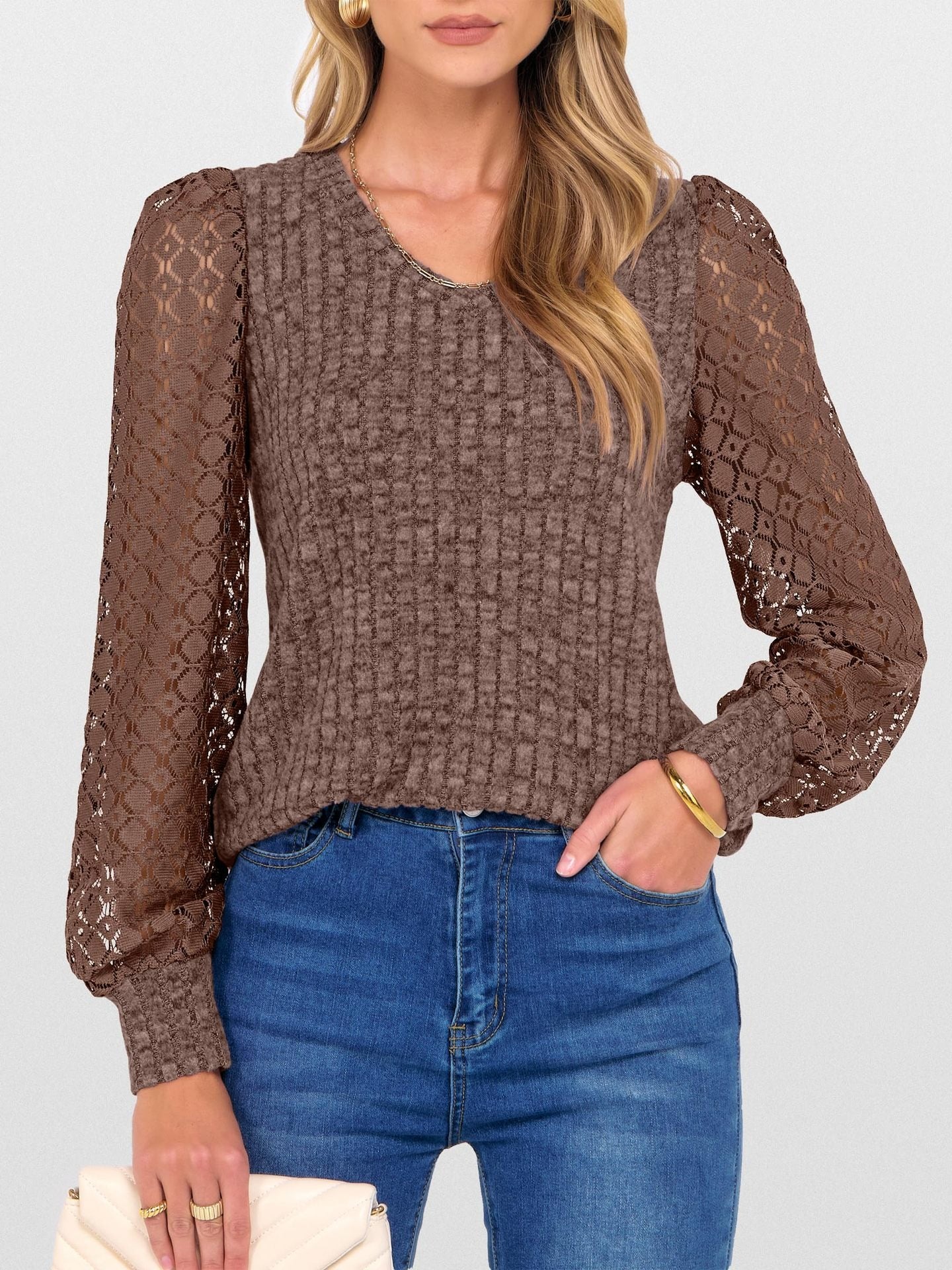 V-Neck Knit Top with Lace Puff Long Sleeves
