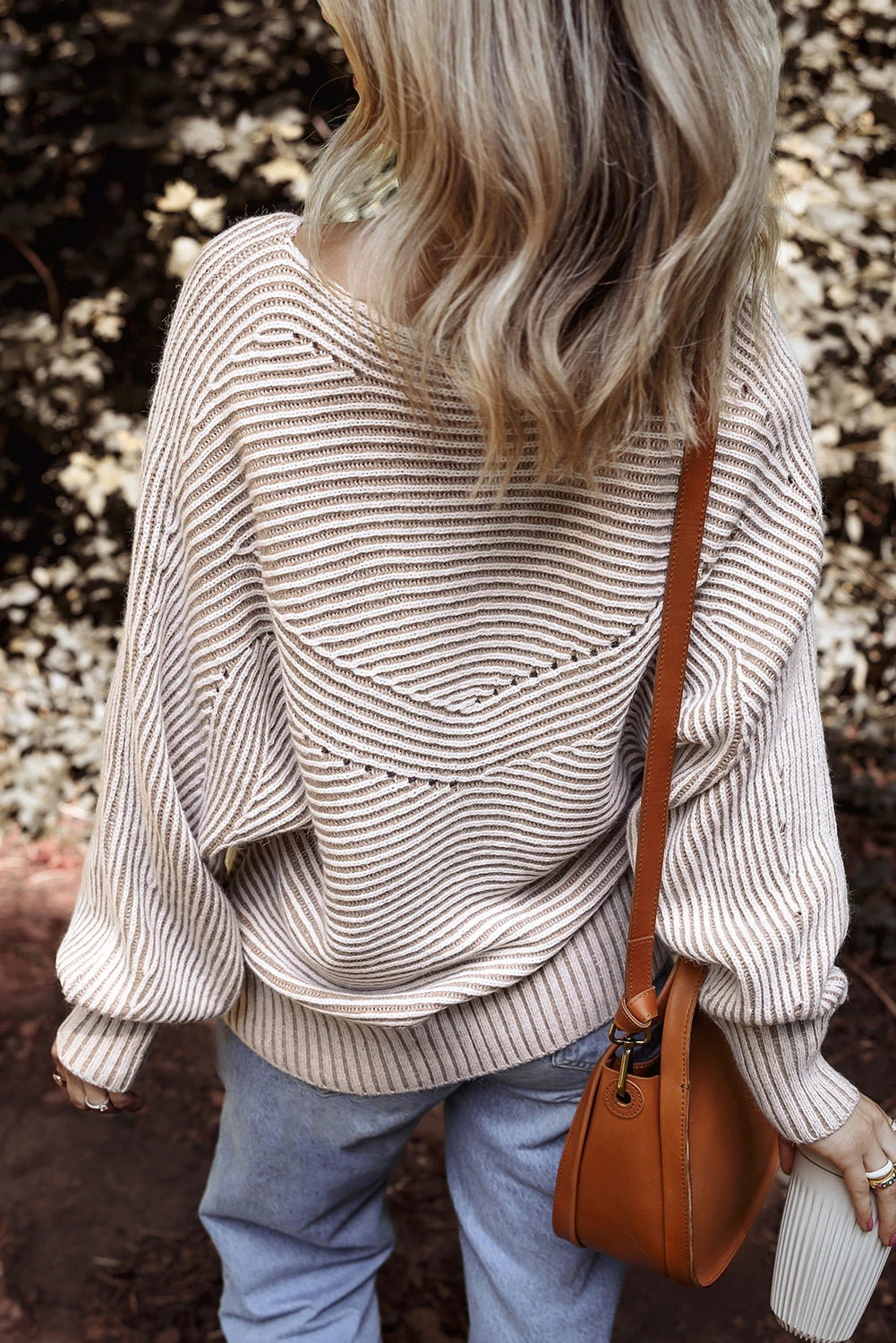 Ashleigh Blue Striped Print Ribbed Knit Boat Neck Baggy Sweater