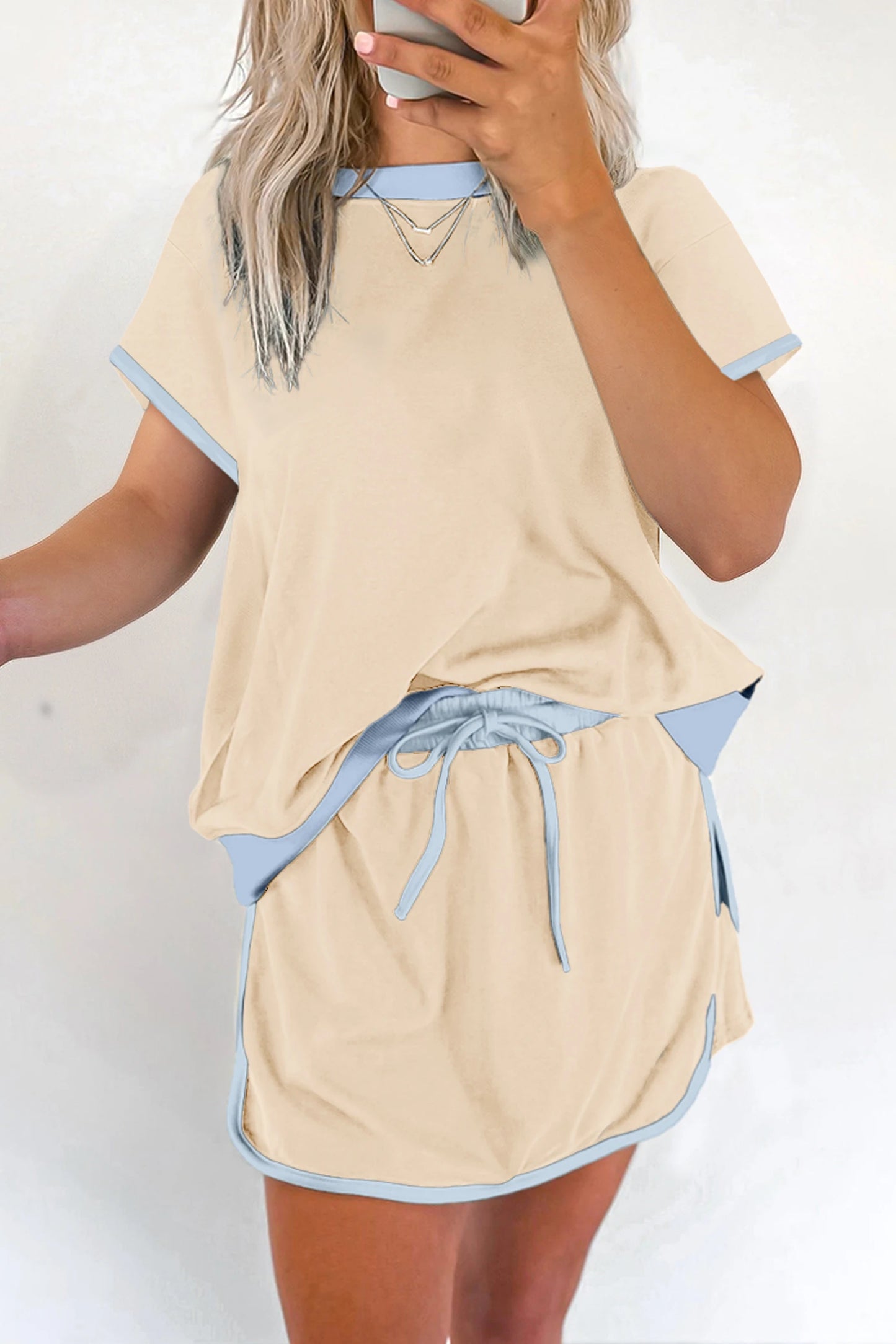 Rose Red Colorblock Edge Drop Shoulder T Shirt and Skort 2Pcs Set