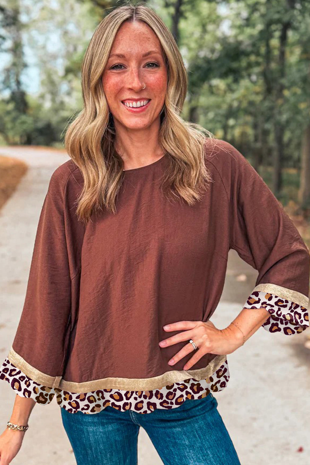 Clay Leopard Detail Loose Bracelet Sleeve Top