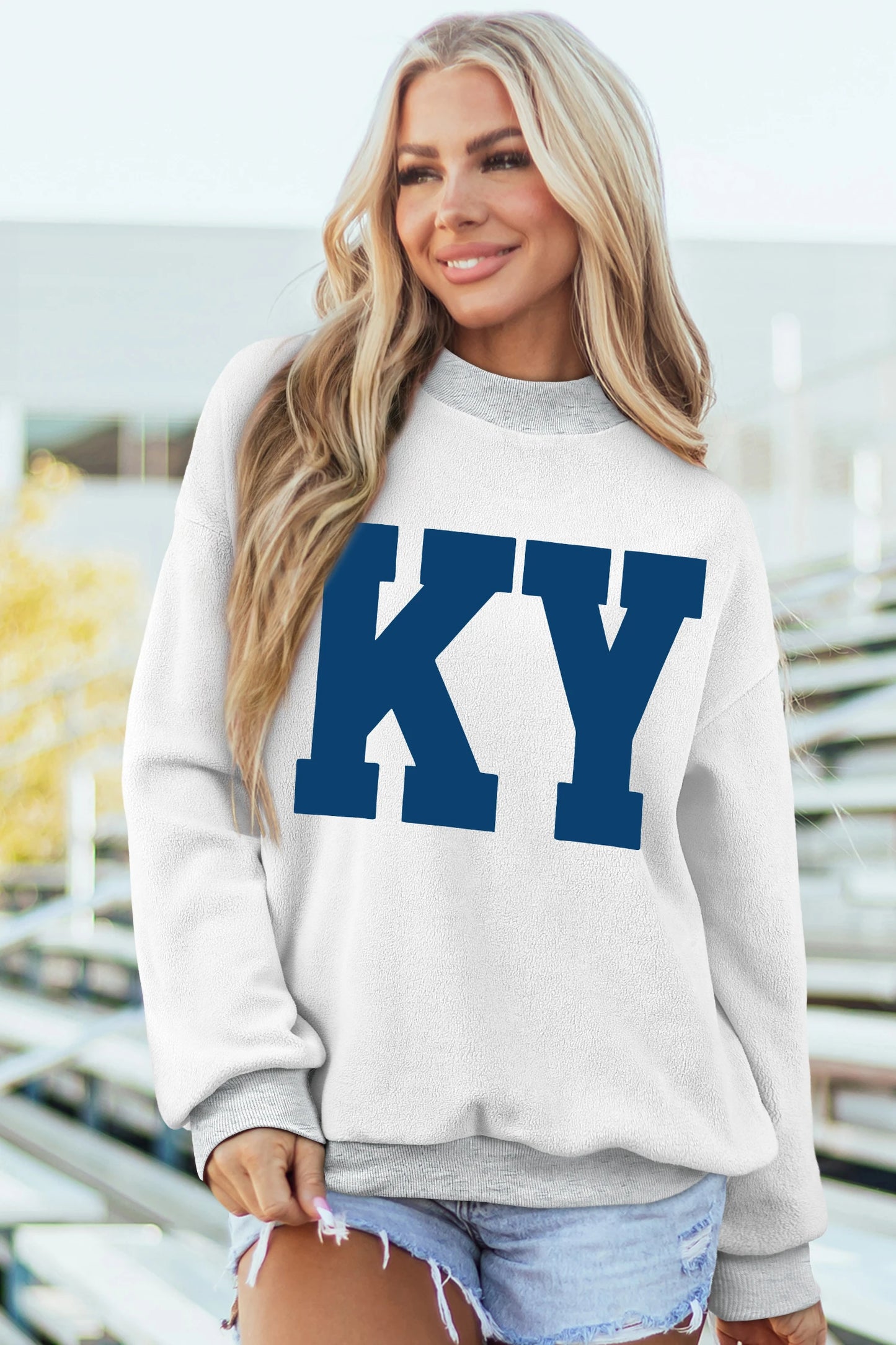 Dark Blue KENTUCKY Leopard KY Letter Print Reversible High Neck Sweatshirt