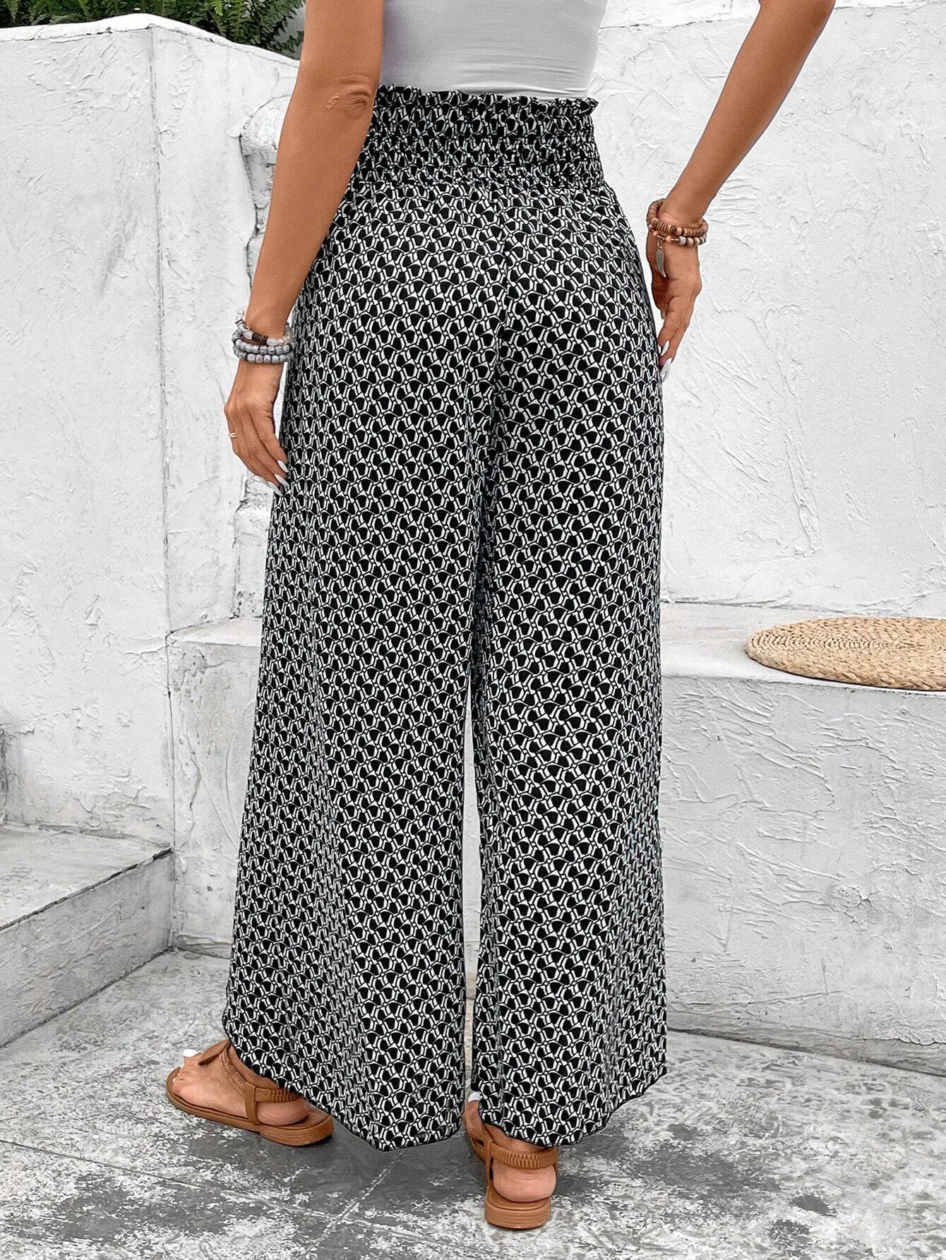 Bohemian Print Slit Wide Leg Smocked High Waist Pants