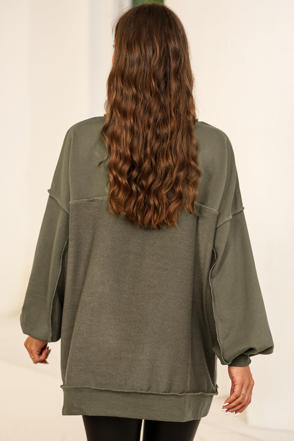 Oversized Exposed Seam Henley Casual Sweatshirt