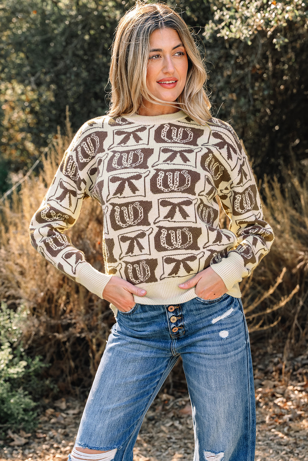Brown Bows & Horseshoes Pattern Western Fashion Print Sweater