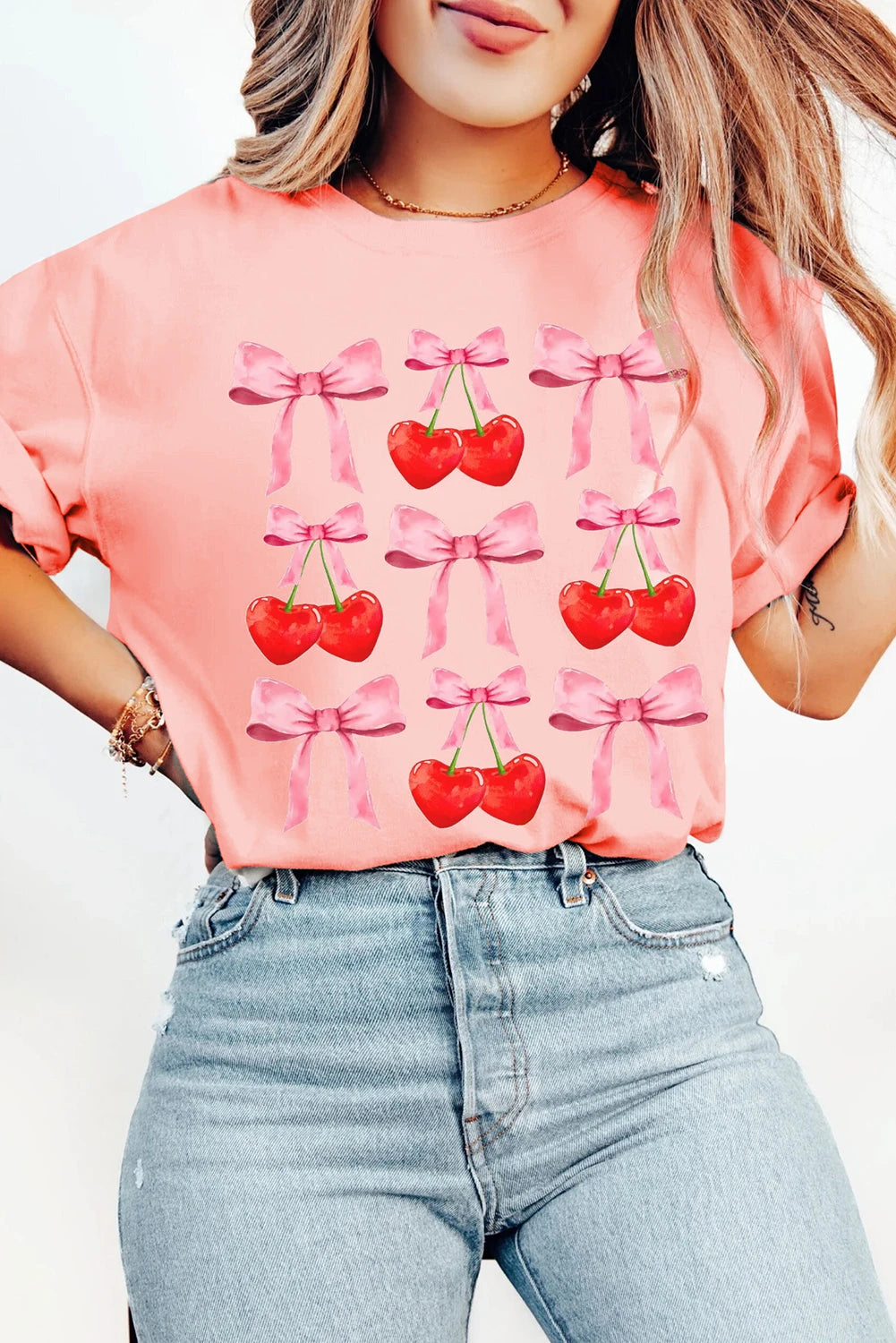 Pink Bow Cherry Print Crew Neck Casual T Shirt