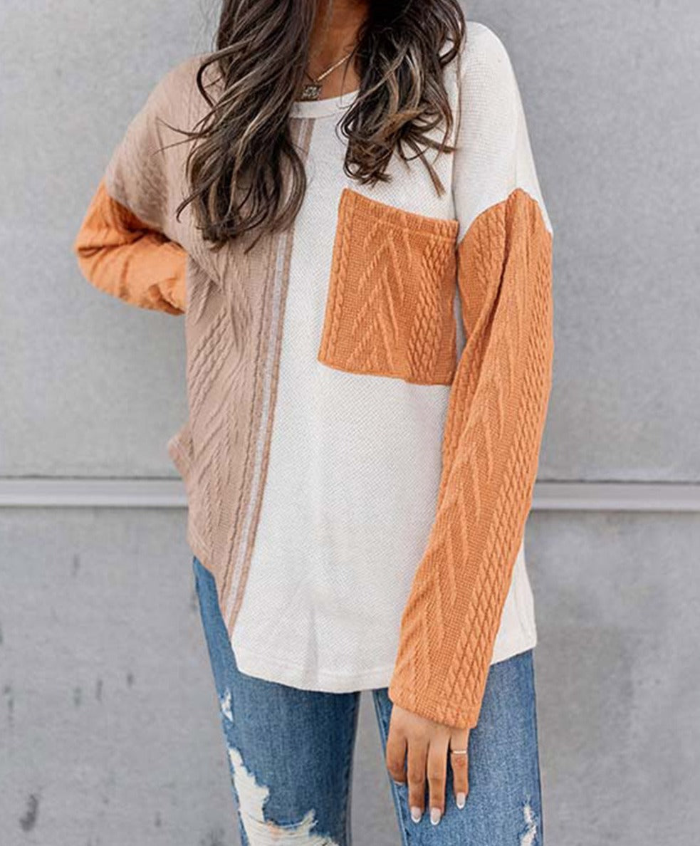 Orange Long Sleeve Colorblock Chest Pocket Textured Knit Top