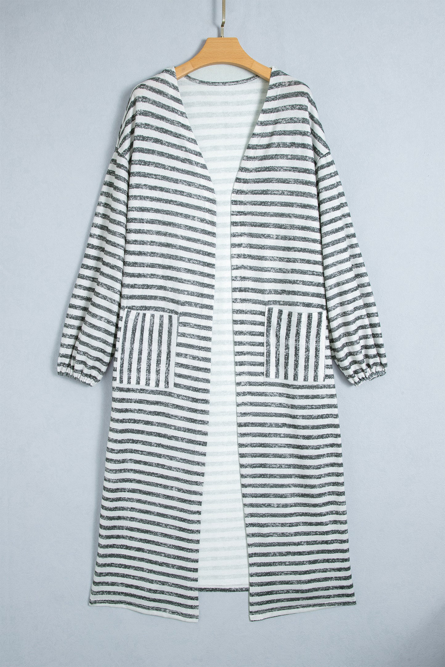 Khaki Stripe Long Puff Sleeve Open Front Oversized Long Cardigan
