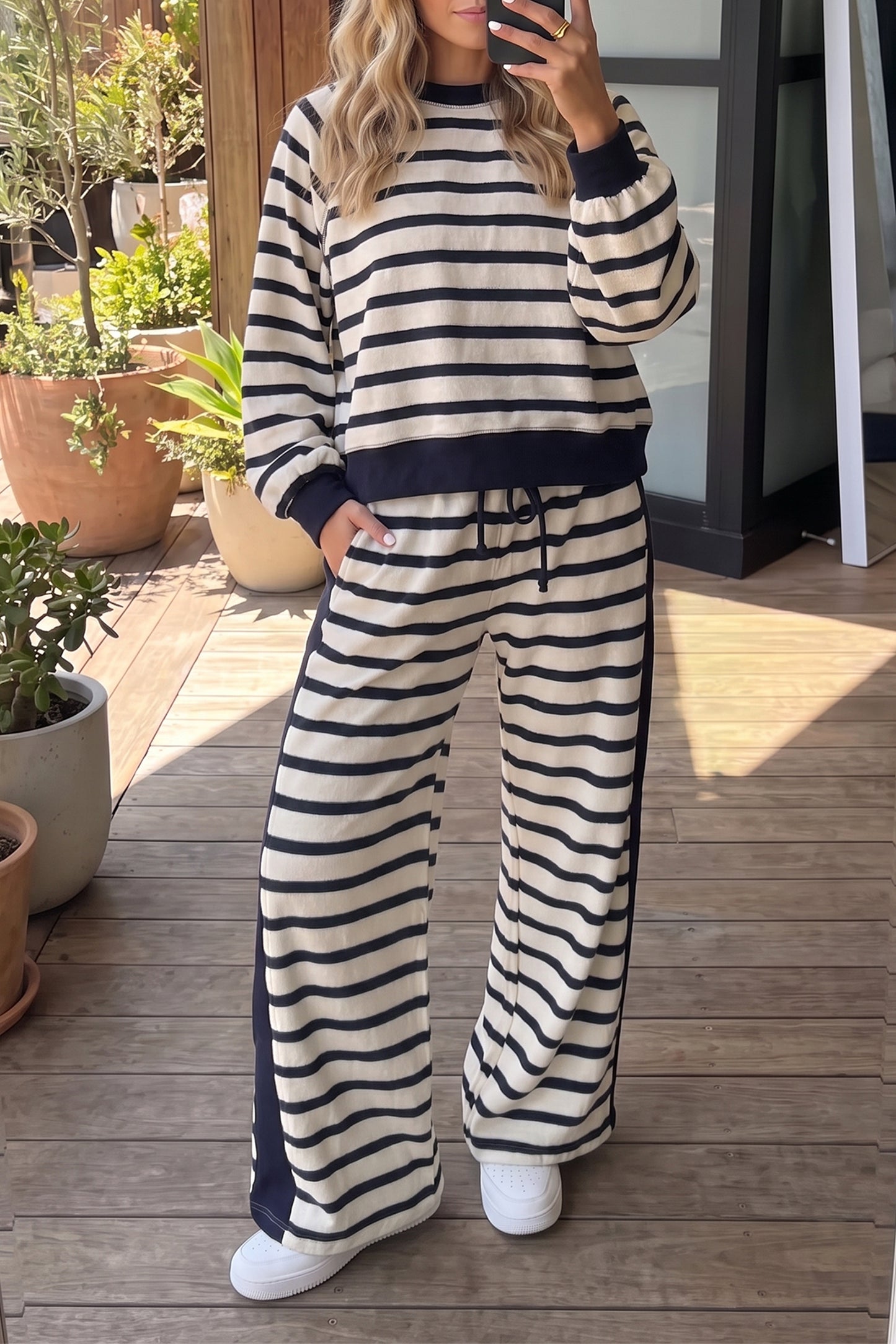 Beige Stripe Relaxed Long Sleeve Top Color Block Detail Drawstring Pant Set