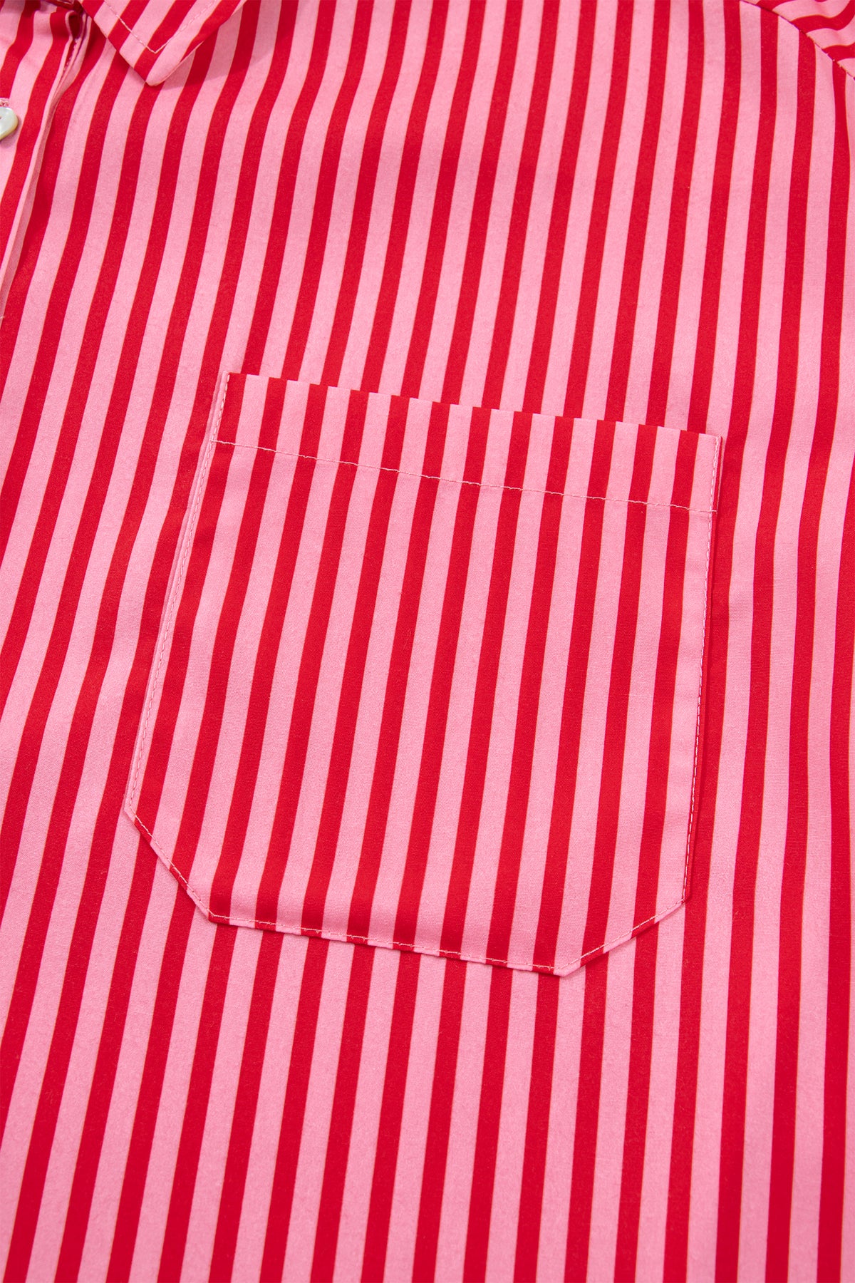 Red Stripe Button-Up Shirt Long Sleeve Patch Pocket Casual Shirt