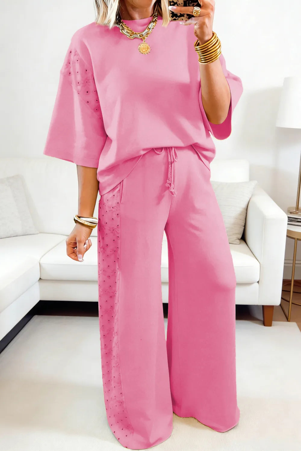 Sachet Pink Solid Color Eyelet Lace Patchwork Oversize Tee Drawstring Loose Pants 2pcs Outfit