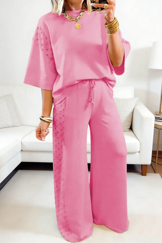 Sachet Pink Solid Color Eyelet Lace Patchwork Oversize Tee Drawstring Loose Pants 2pcs Outfit