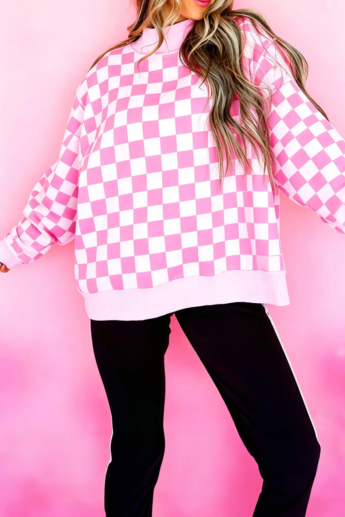 Red Checkered Print High Neck Baggy Sweatshirt