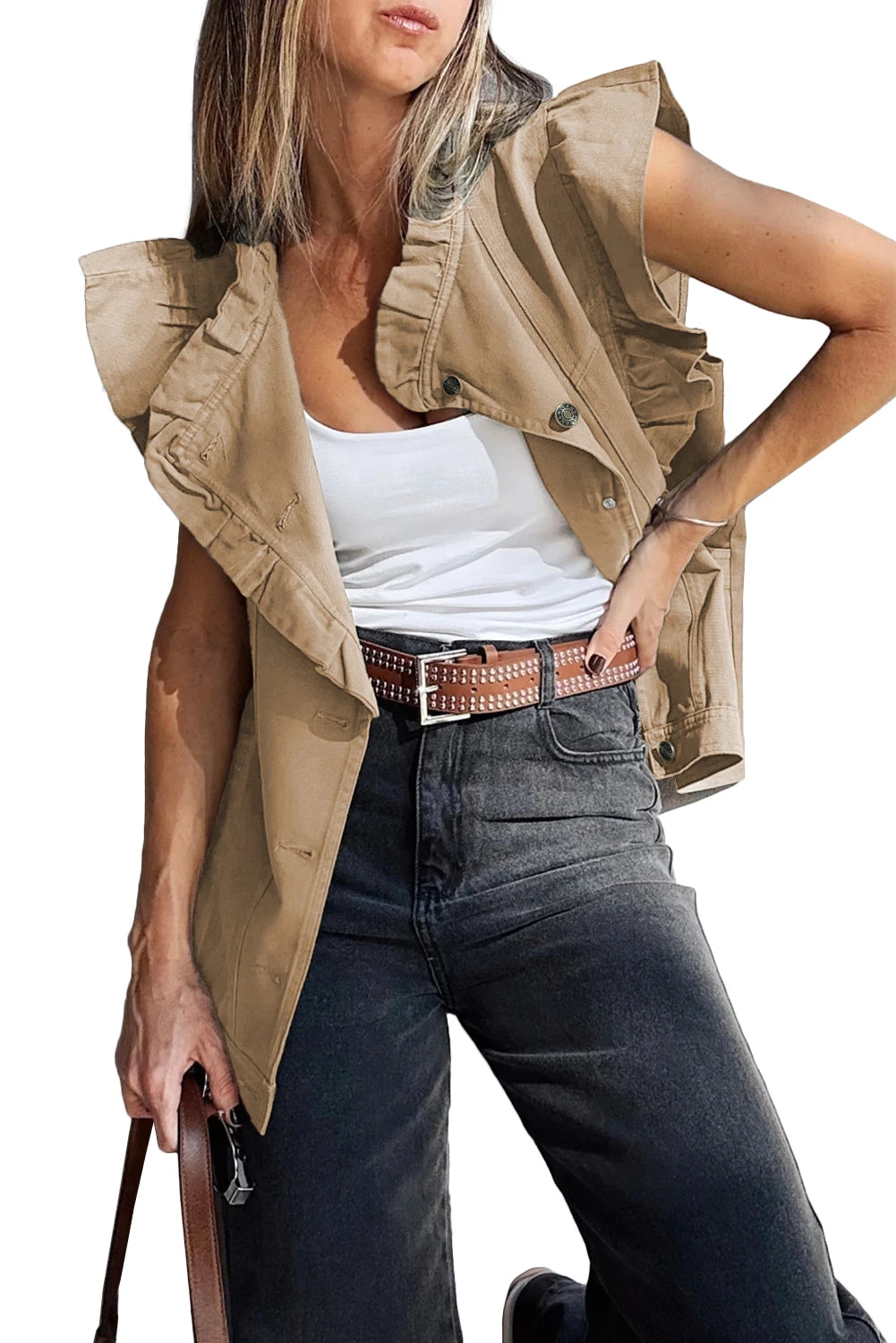 Green Bay Ruffled Patchwork Denim Jacket Vest