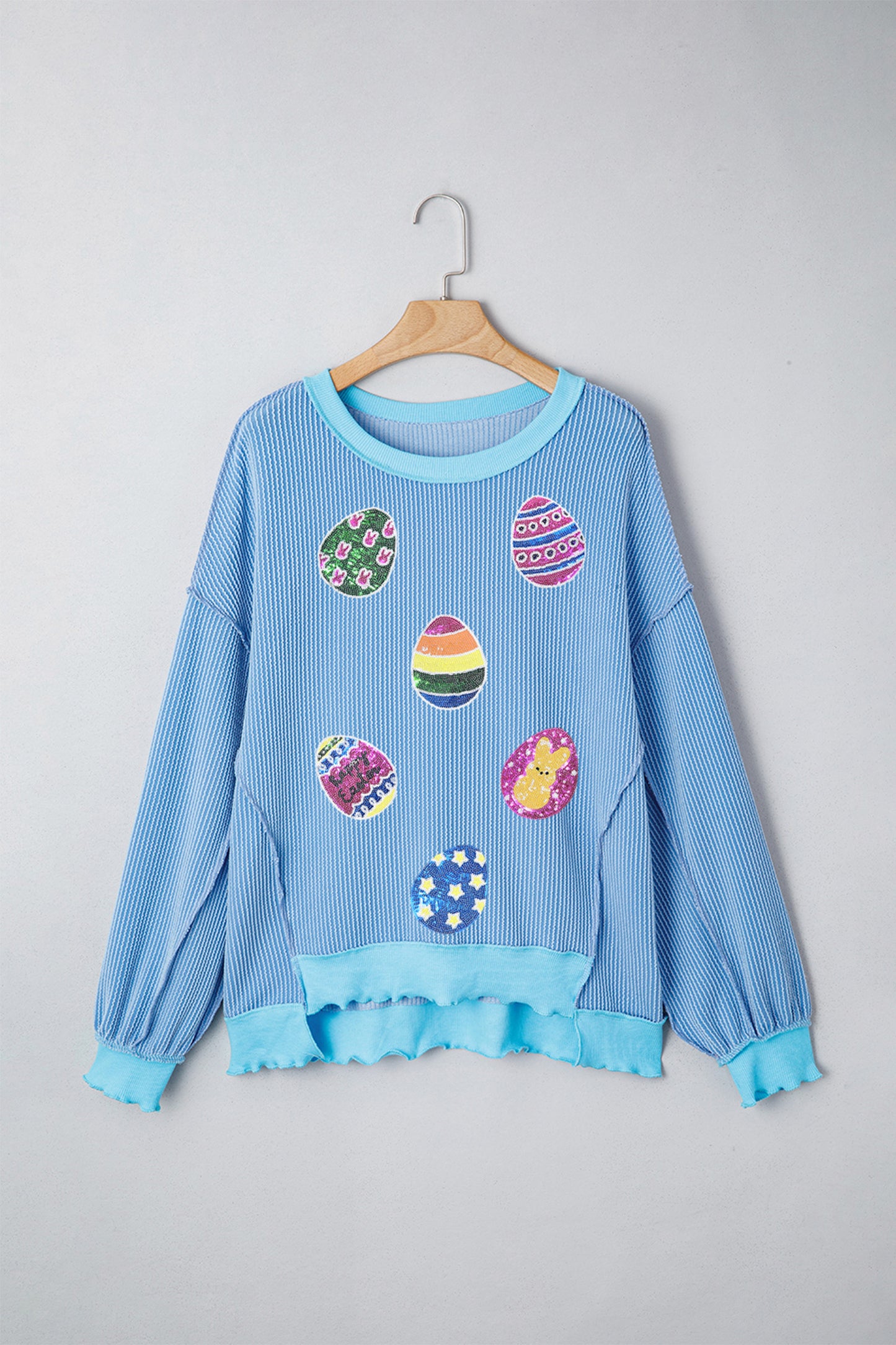 Myosotis Sequin Easter Eggs Twisted Rib Exposed Seam Color Block Top