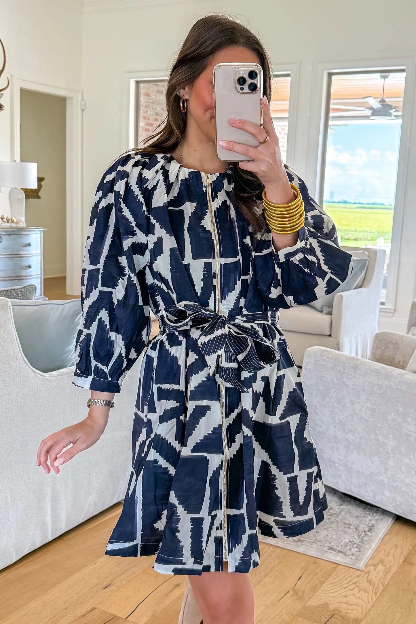 Abstract Geometric Print Zip Front Tie Waist Shift Dress