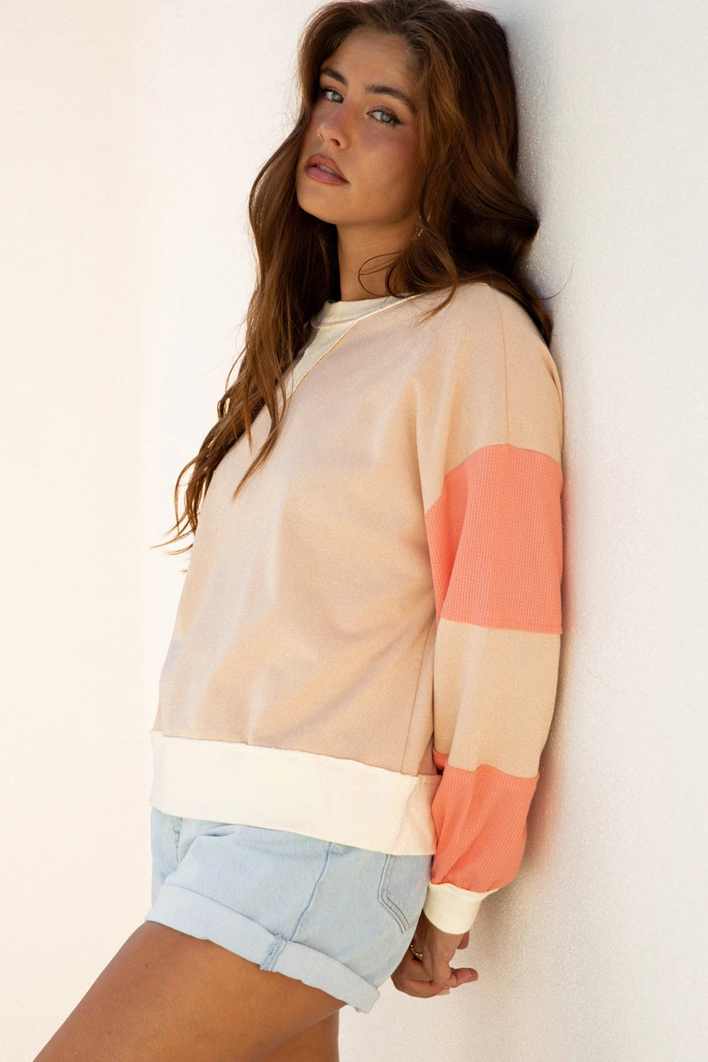 Light French Beige Color Block Textured Patchwork Pullover Sweatshirt