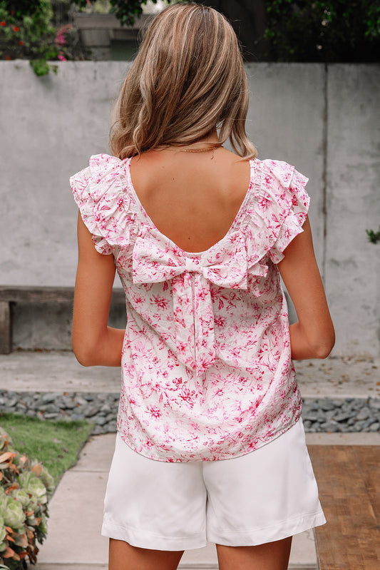 Pink Floral Ruffled Short Sleeve Bow Back Square Neck Blouse