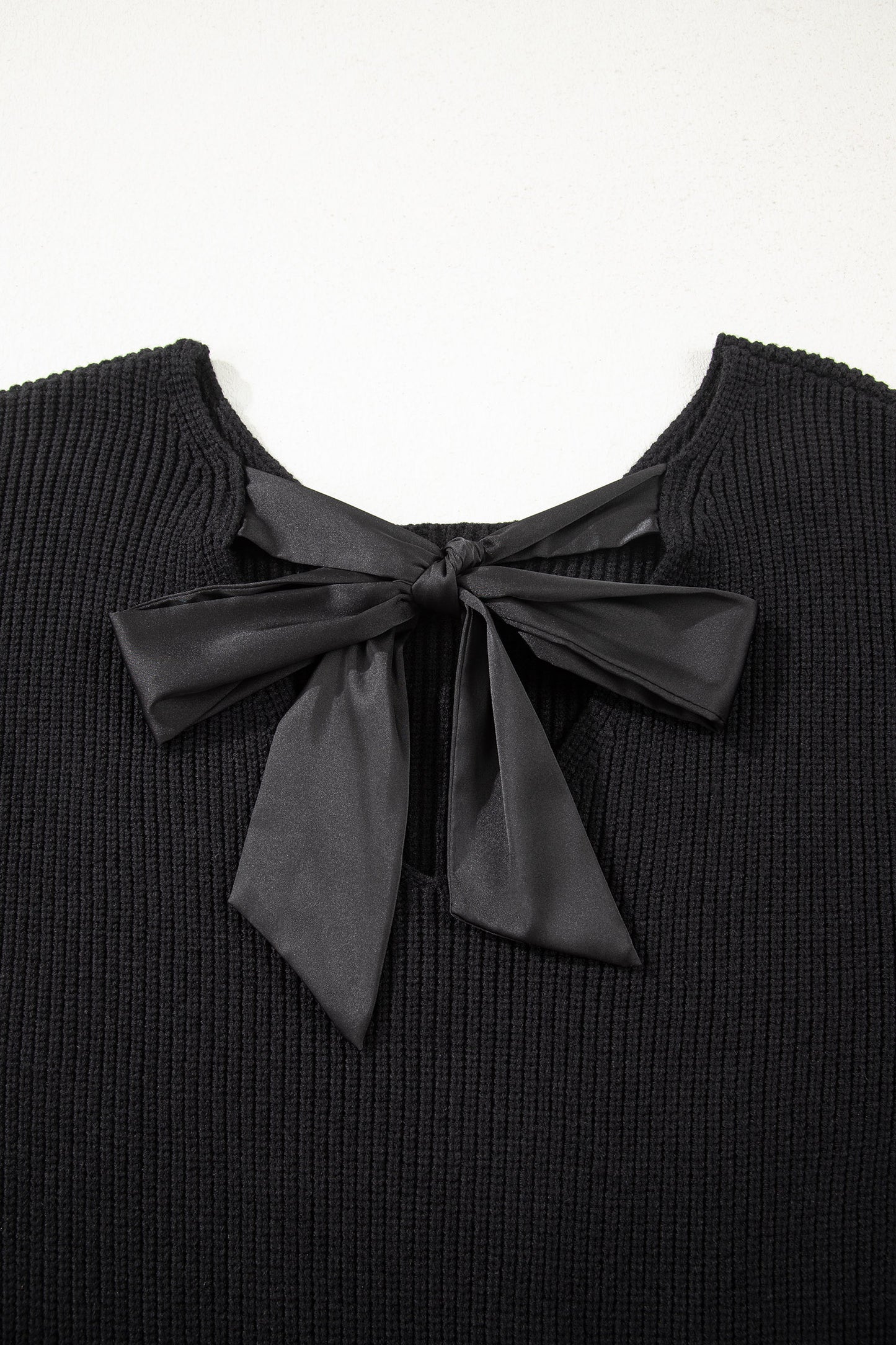 Red Dahlia Ribbed Knit Ribbon Knot Backless Drop Shoulder Sweater