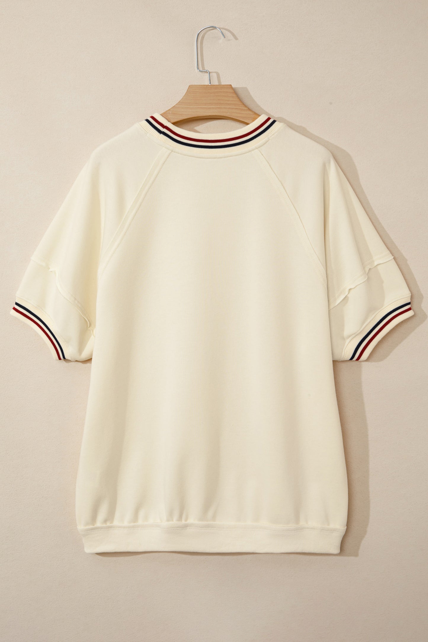 Beige Contrast Varsity Striped Neckline Cuffed Short Sleeve Loose Tunic Top