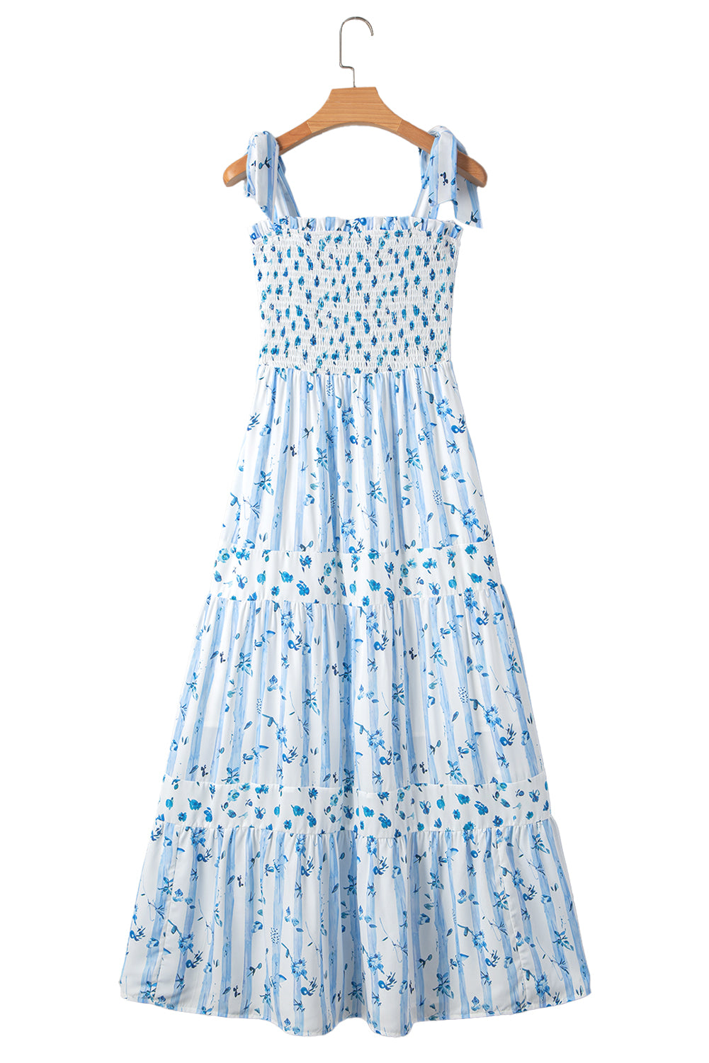 Sky Blue Floral Smocked Tied Straps A-Lined Tiered Maxi Dress