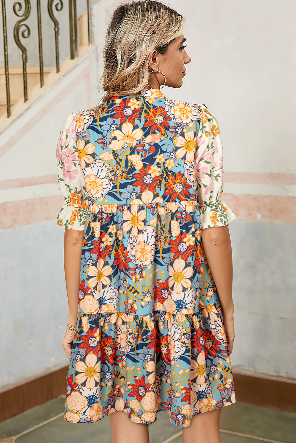 Multicolour Boho Floral Print Crochet Patchwork V Neck Loose Mini Dress