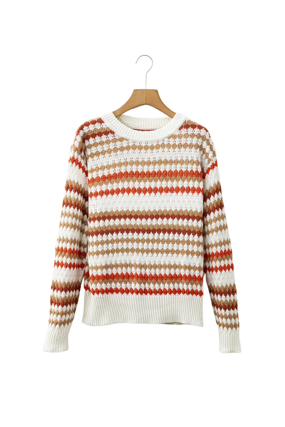 Khaki Stripe Eyelet Patterned Drop Shoulder Sweater