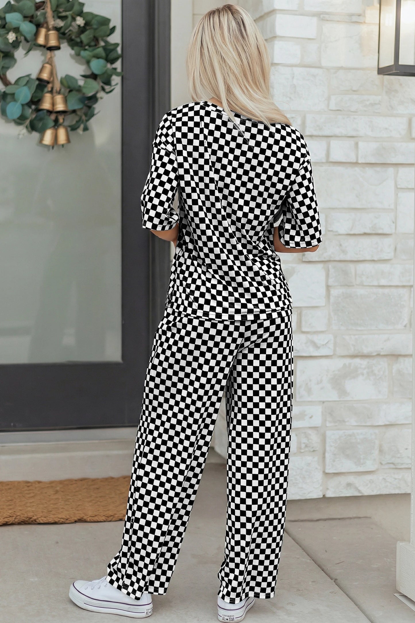 Rose Checkered Print Half Sleeve Tee 2pcs Lounge Pant Set