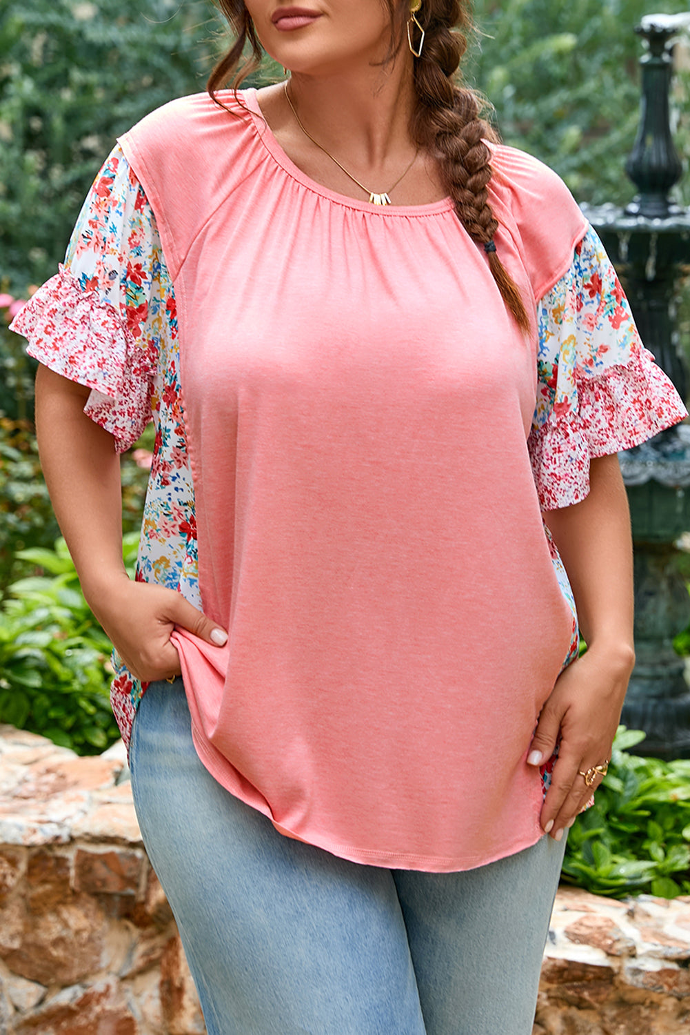 Plus Size Pink Floral Patchwork Ruffled Short Sleeve Blouse