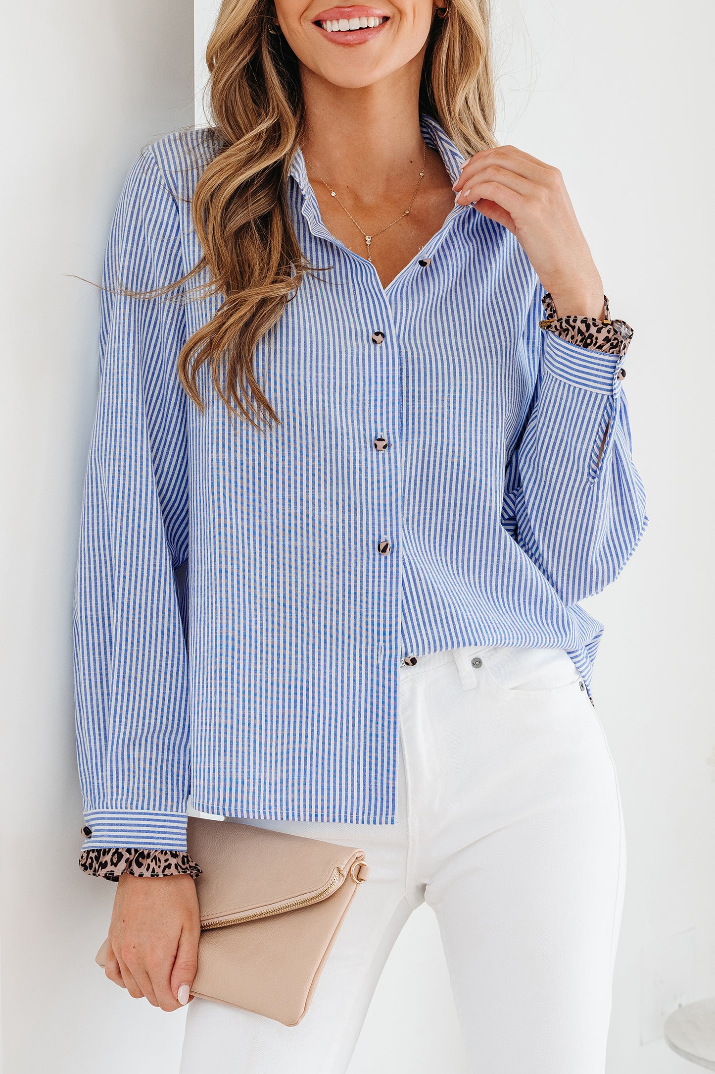 Sky Blue Stripe Contrast Frilled Leopard Trim Casual Long Sleeve Shirt