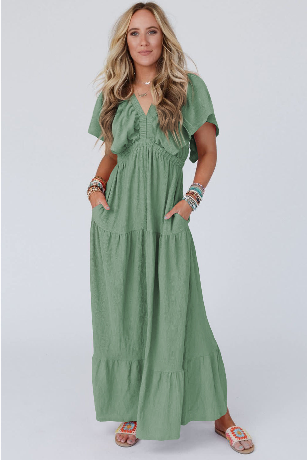 Green Textured V Neck Flutter Sleeve Ruffled Maxi Dress