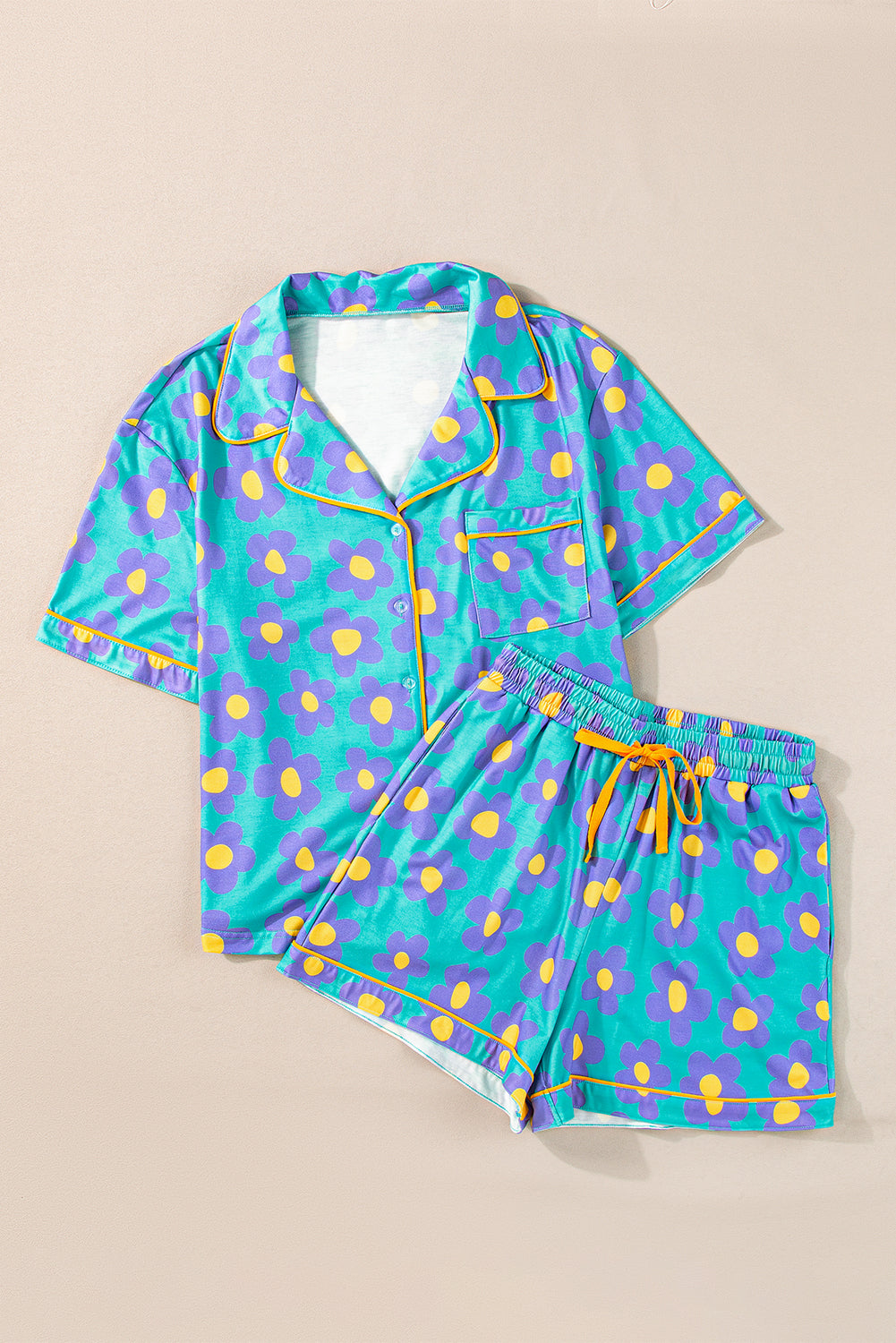 Loose and comfortable Flower Print Short Sleeve Shirt Pajamas Set