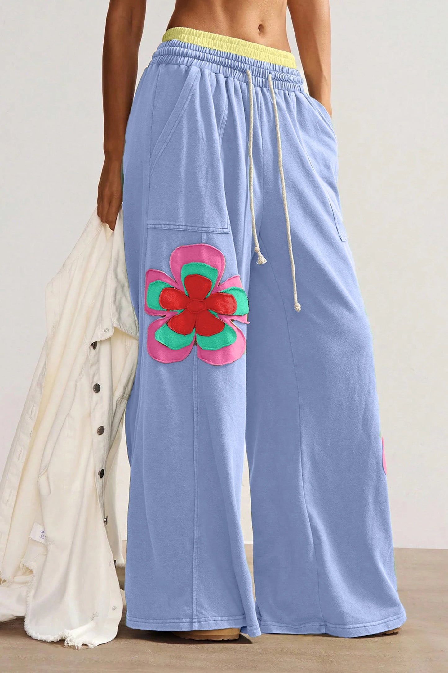 Sky Blue Color Block Flower Patchwork Drawstring Contrasted Elastic Waist Wide Leg Pants