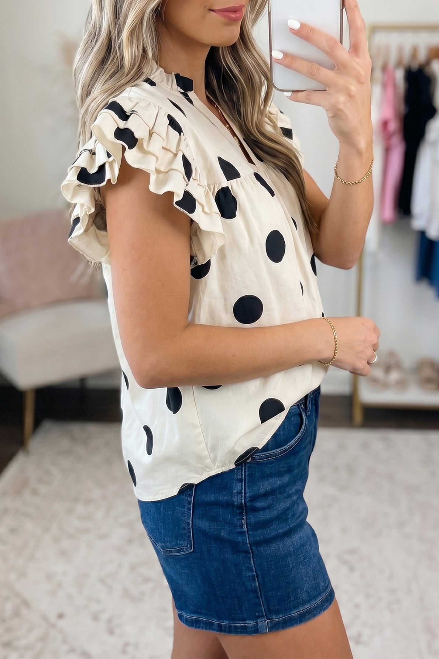 Polka Dot Cotton Blouse Ruffle Sleeve Boutique Top