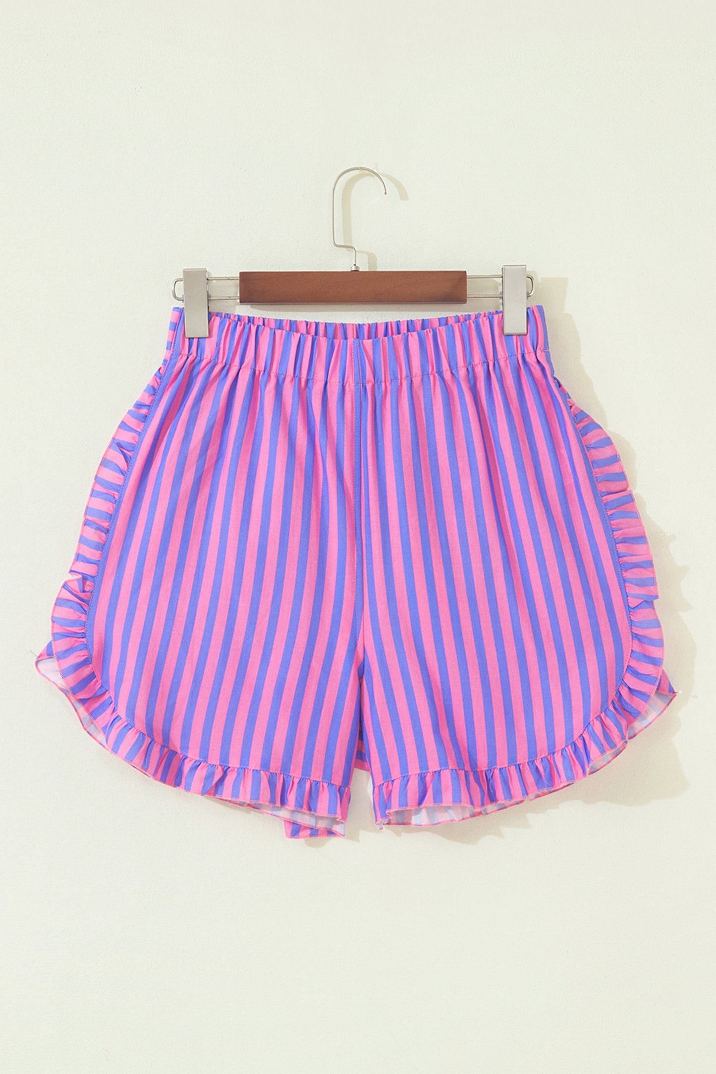 Sky Blue Stripe Elastic Waist Ruffle Trim Casual Shorts