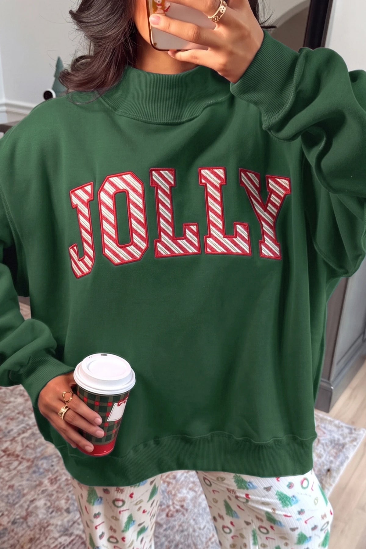 Gray MERRY Embroidered Letter High Neck Tunic Pullover Sweatshirt