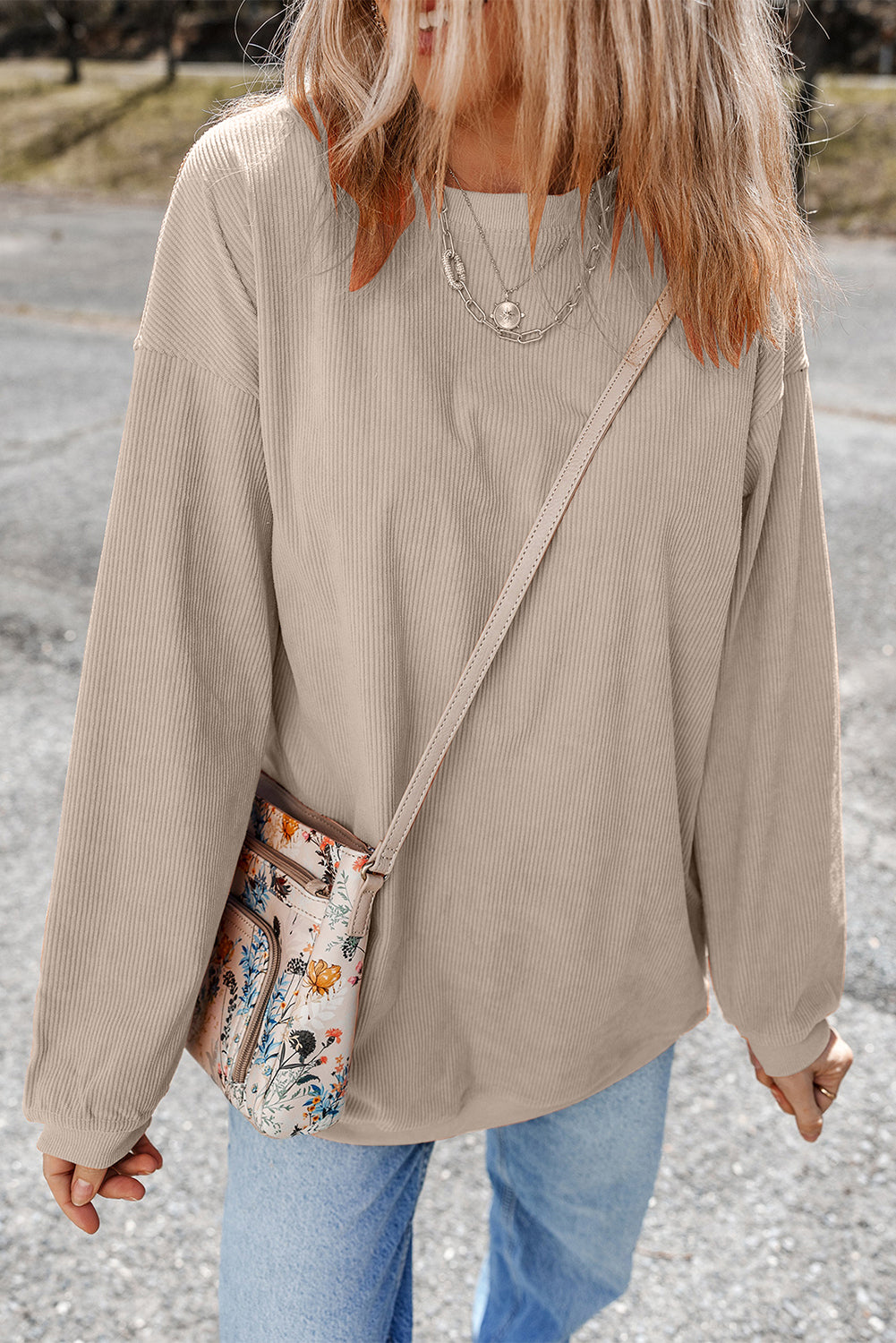 Apricot Ribbed Corded Oversized Sweatshirt