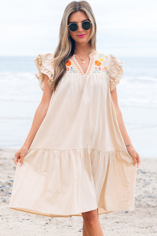 Jet Stream Linen Embroidery Split Neck Pom Pom Ruffle Sleeves Flowy Short Dress