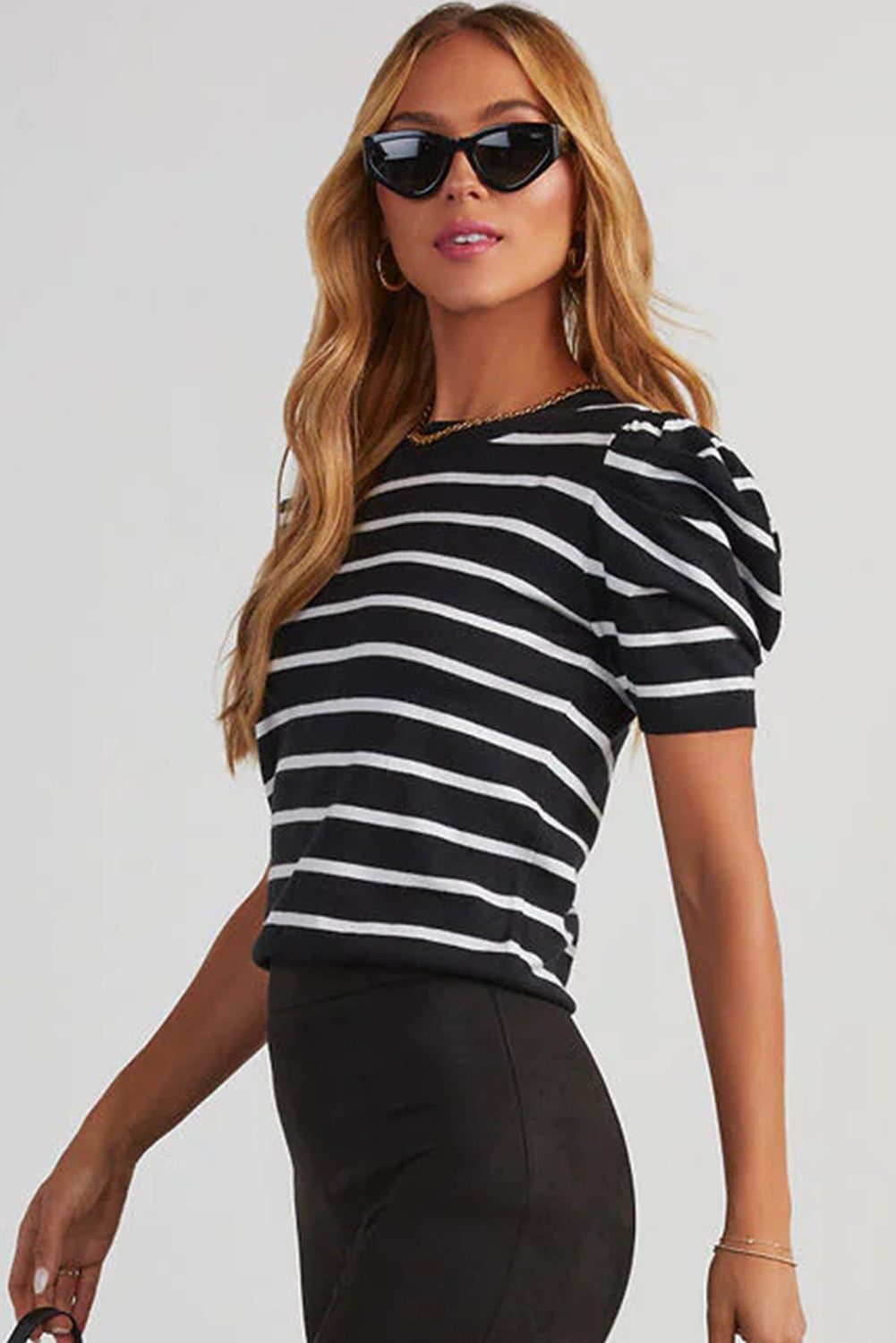 Black Stripe Ribbed Trim Round Neck Bubble Sleeve Knitted Top