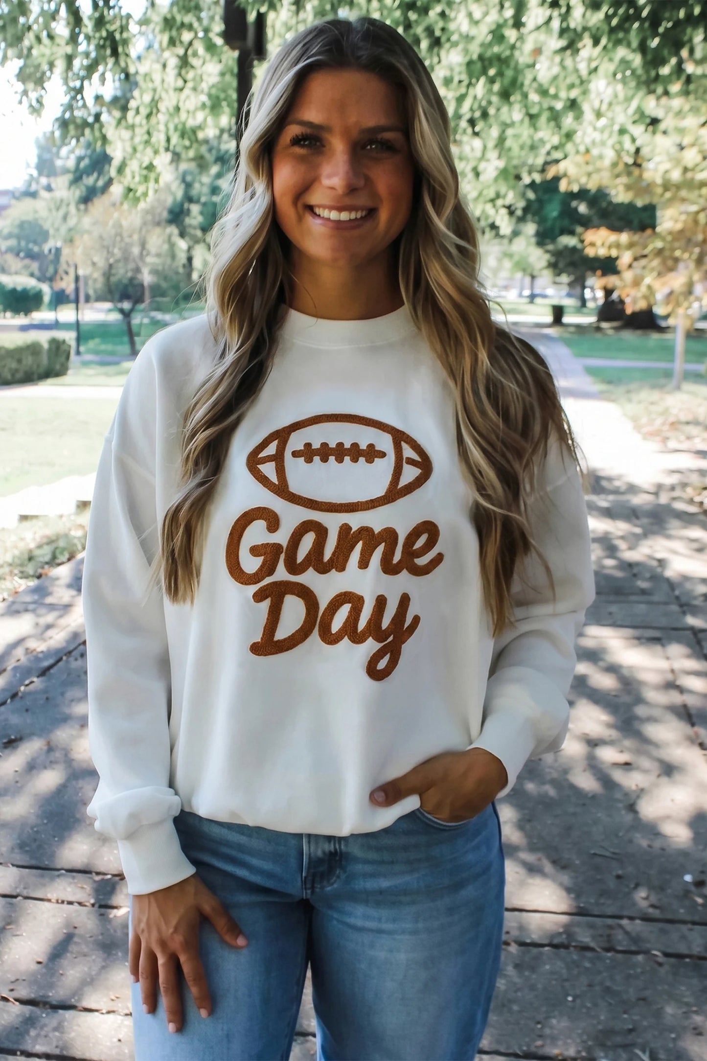 Embroidered Slogan Game Day Rugby Pattern Crewneck Sweatshirt
