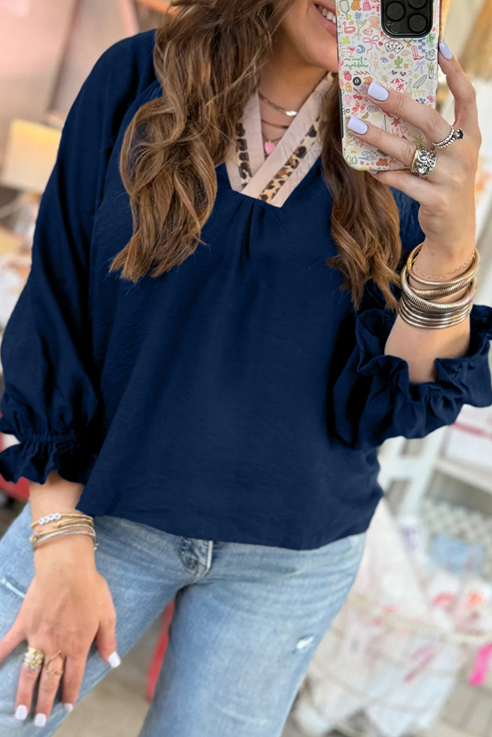 Violet Leopard Trim V Neck Flounced Bracelet Sleeve Blouse