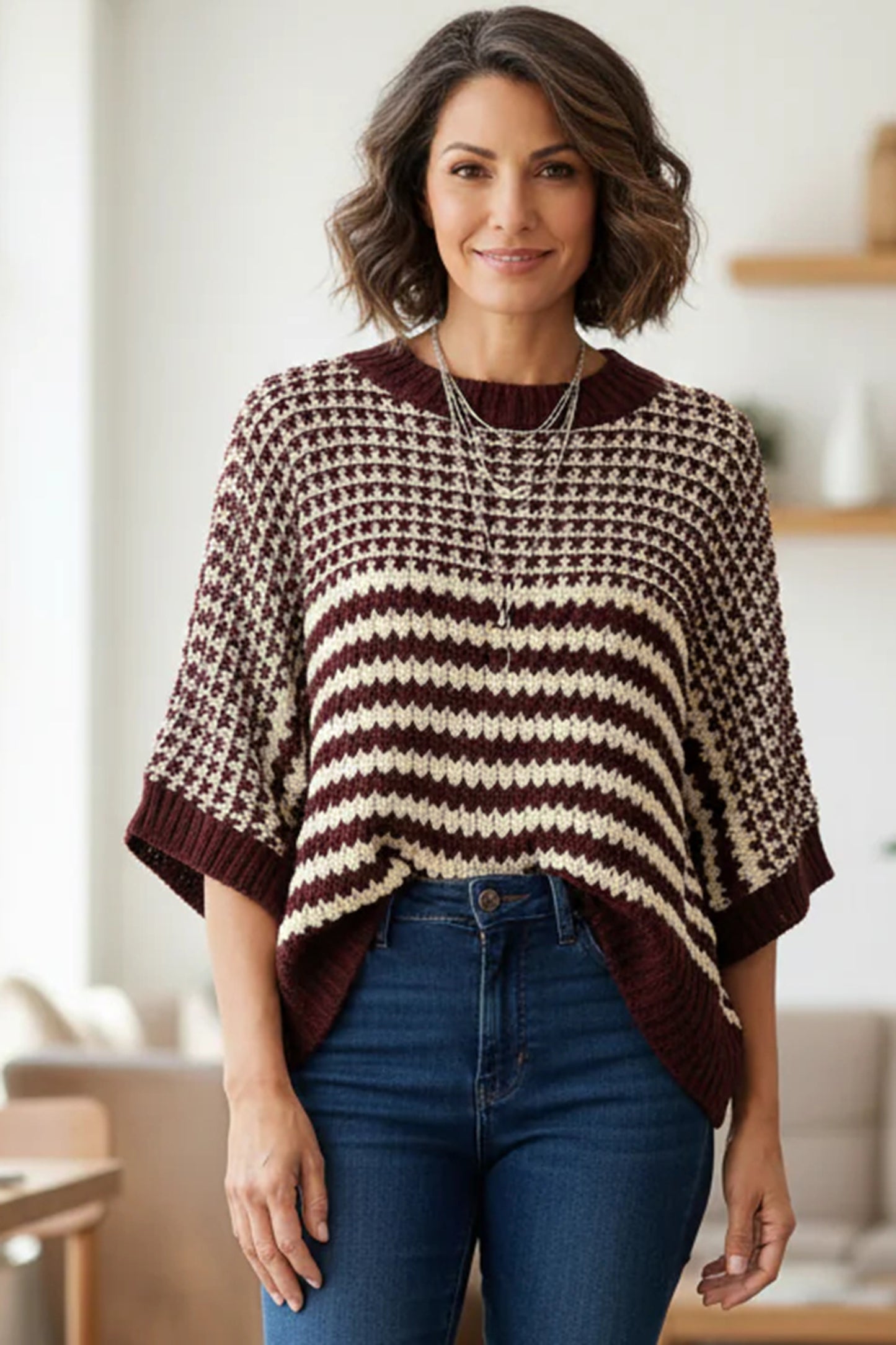 Red Stripe 3/4 Draped Sleeve Slouchy Sweater