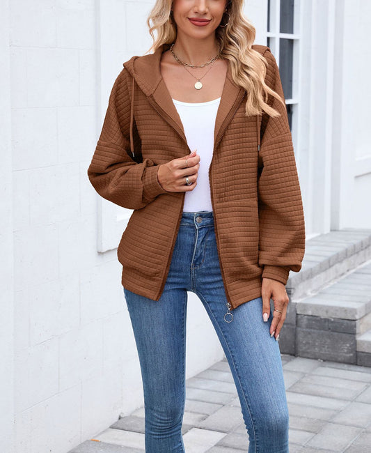 Quilted Zip-Up Hoodie Jacket | Casual Long Sleeve Sweatshirt