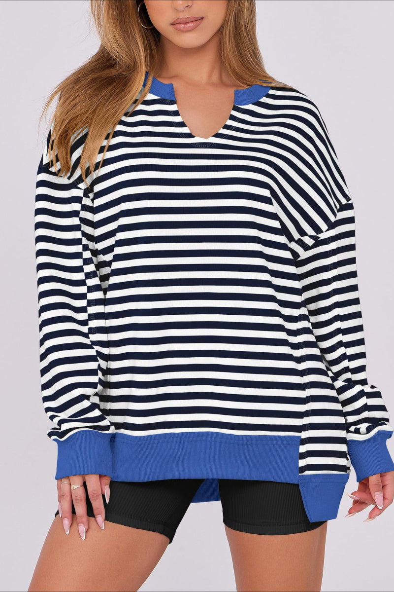 Striped V-Neck Pullover Sweatshirt with Contrast Trim