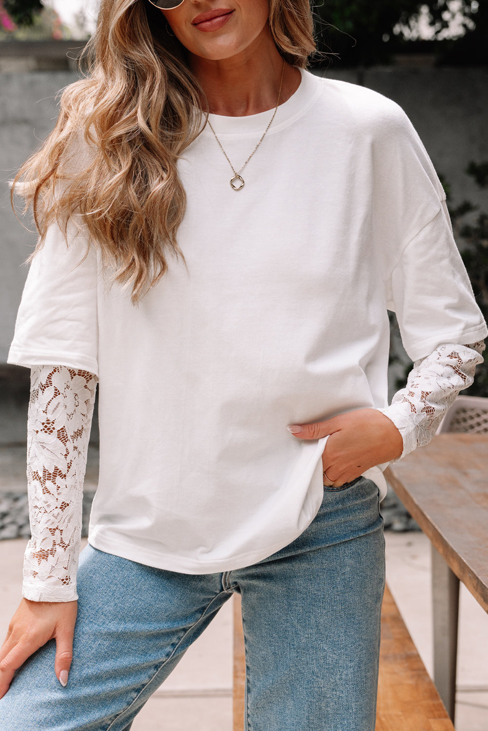 White Lace Long Sleeve Insert Drop Shoulder Tee