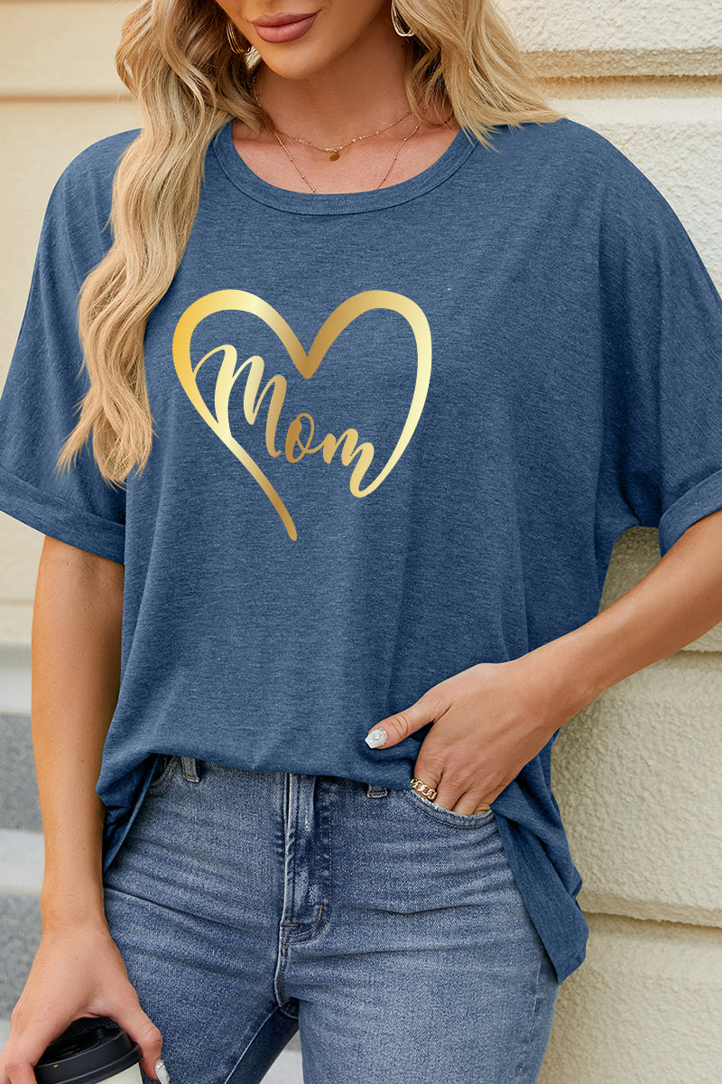 Heart MOM Graphic Casual Tee Mother's Day Gift Top