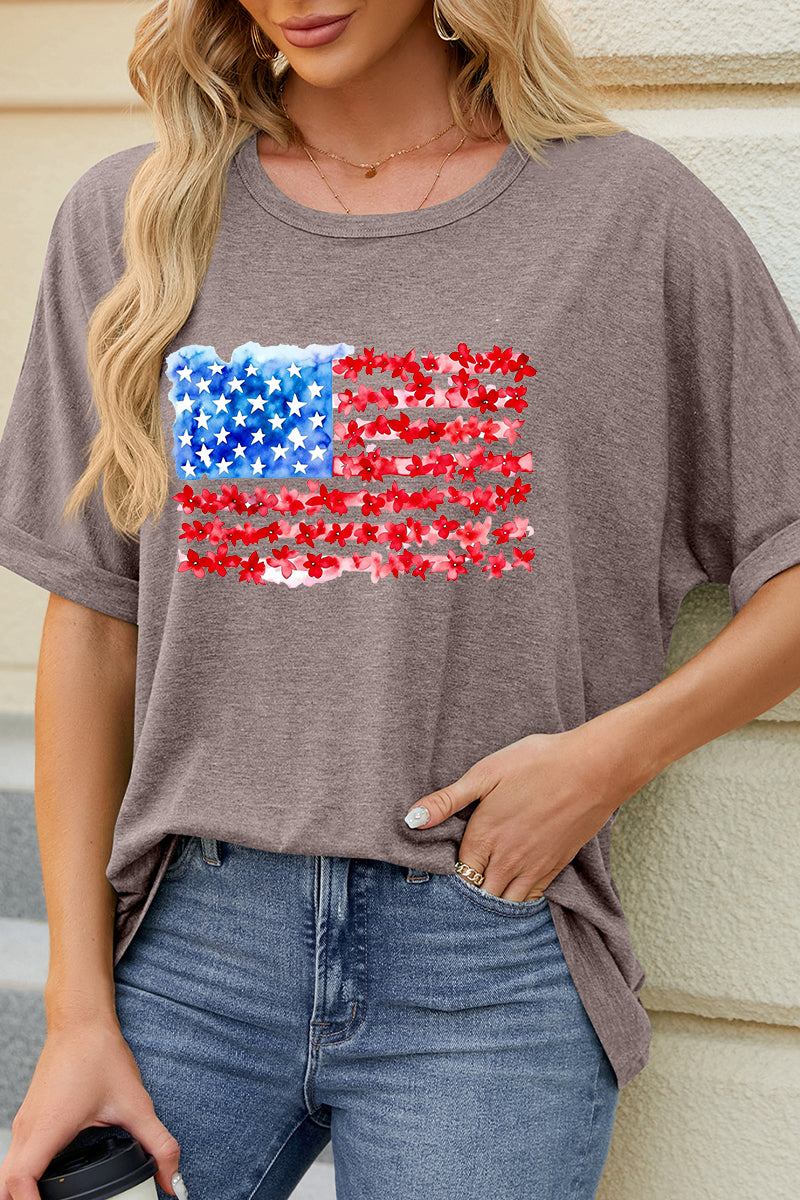Floral American Flag Graphic Tee Fourth of July Patriotic Casual T Shirt