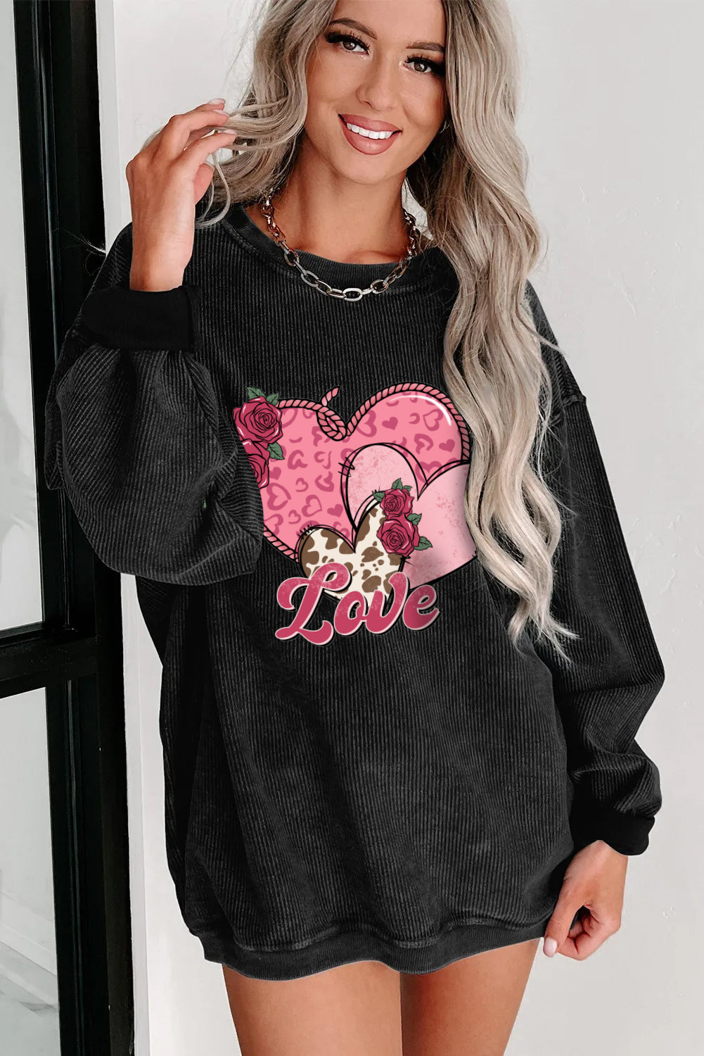 Valentine's Day Rose Love Pink Heart Print Cozy Sweatshirt