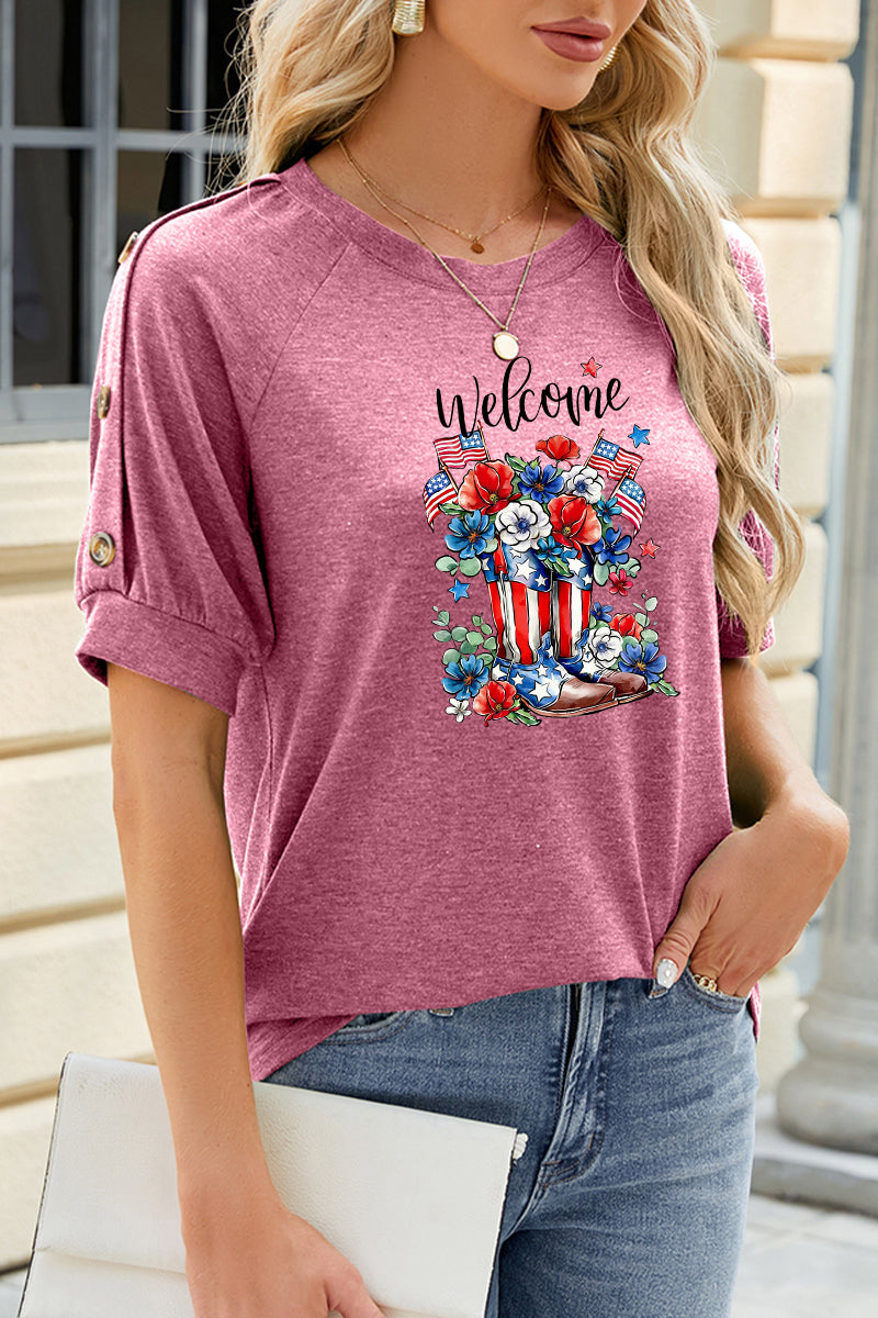 Welcome Floral Graphic Rayon Tee Boutique Patriotic Top
