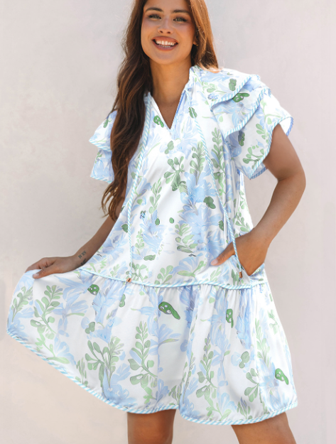 Pink Floral Contrast Edge Layered Short Sleeve Mini Dress